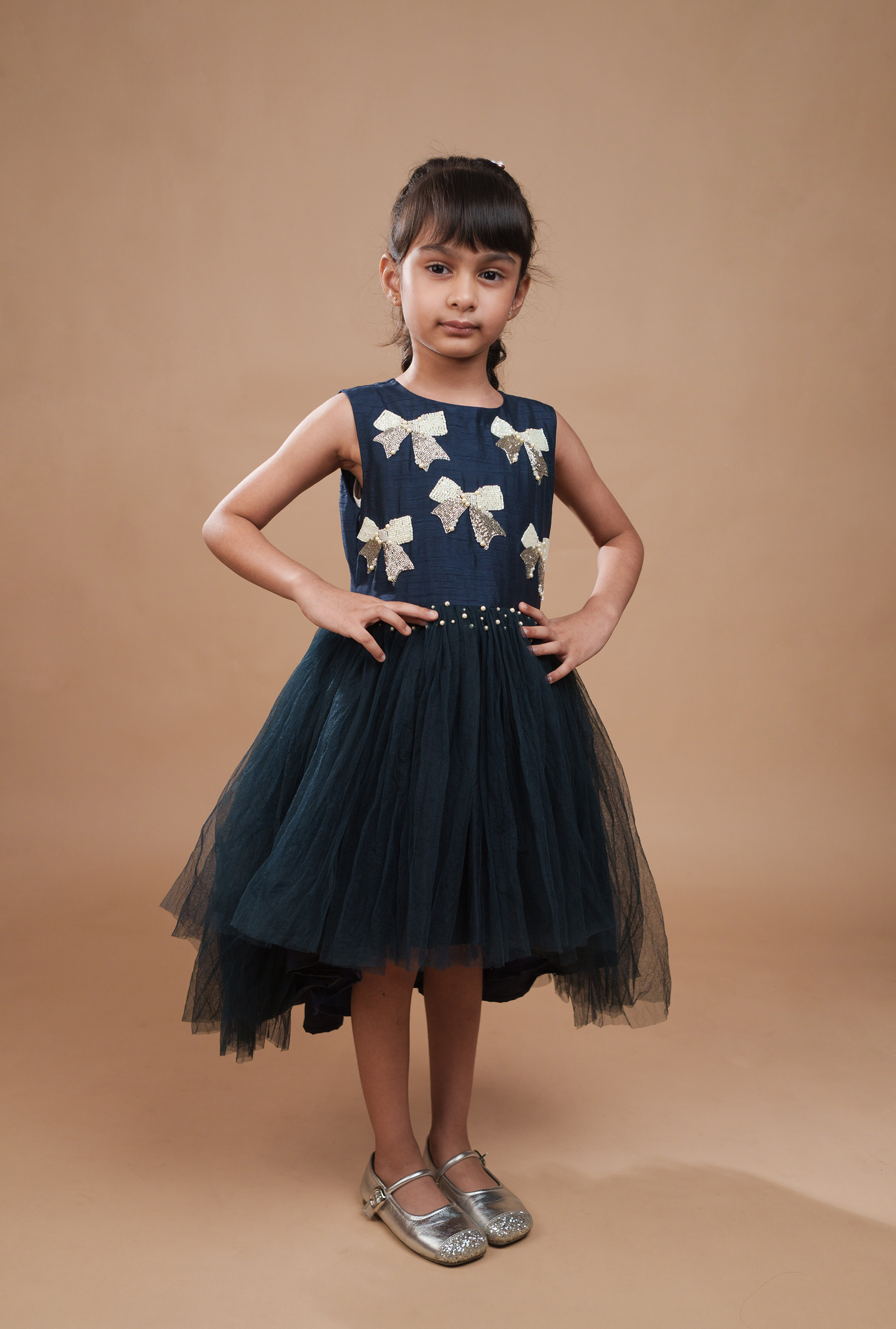 Navy Blue Tulle Dress with Embellished bows