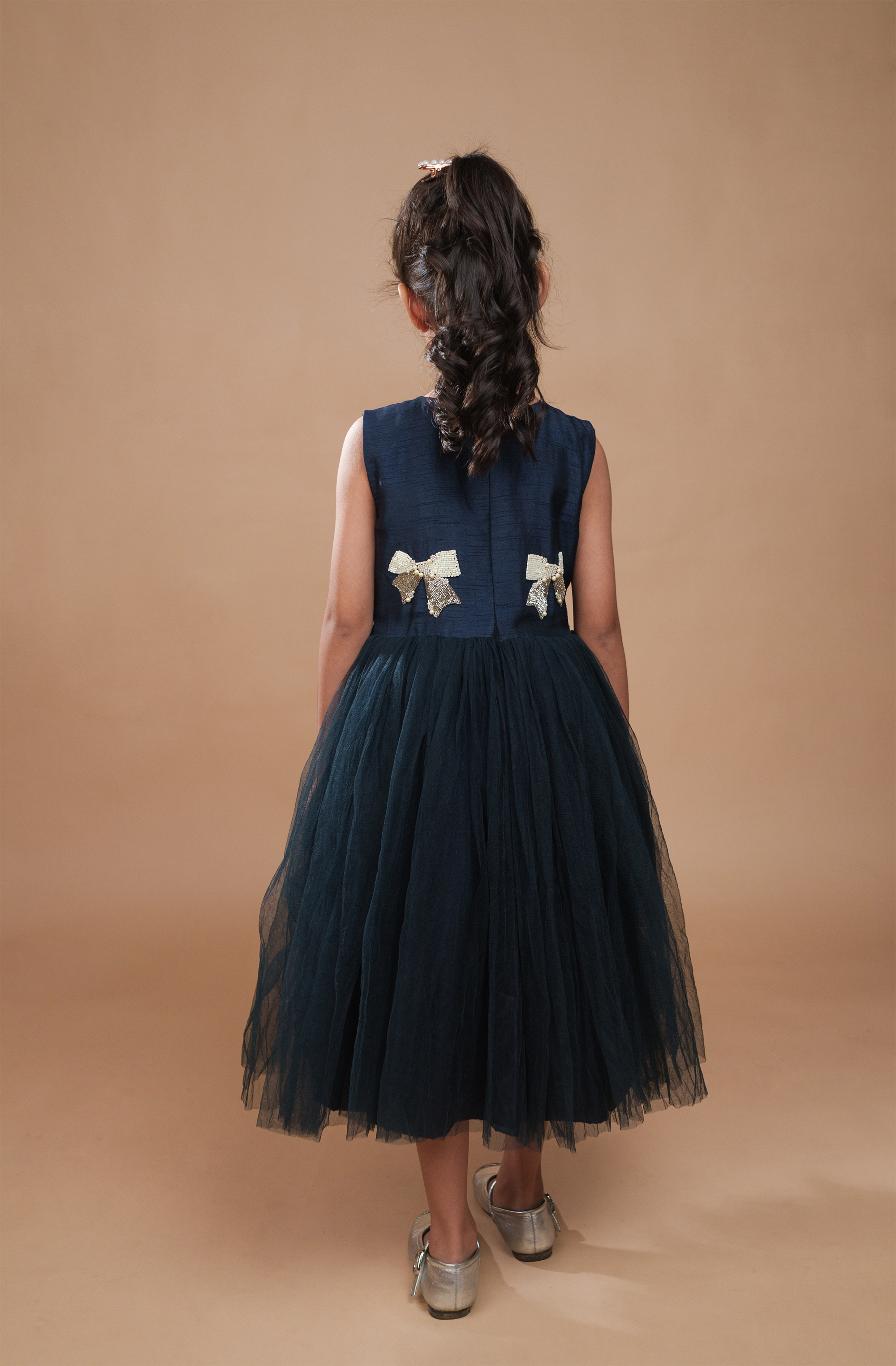 Navy Blue Tulle Dress with Embellished bows
