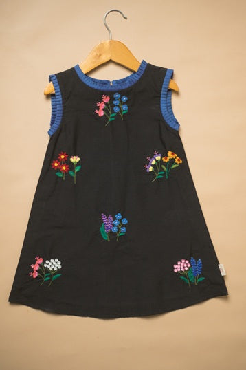 Midnight Meadow Dress with Blue Pleats