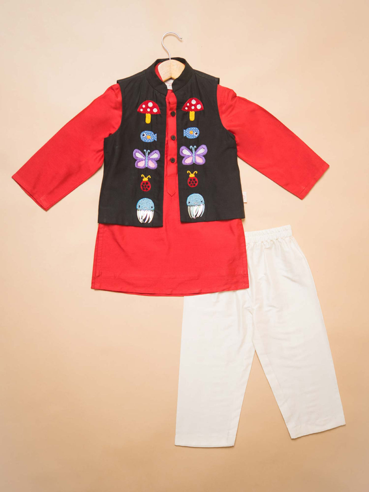 Enchanted Forest red boys kurta set with black hand-embroidered Nehru jacket Ñ StorytellersJunior Jungle Crew