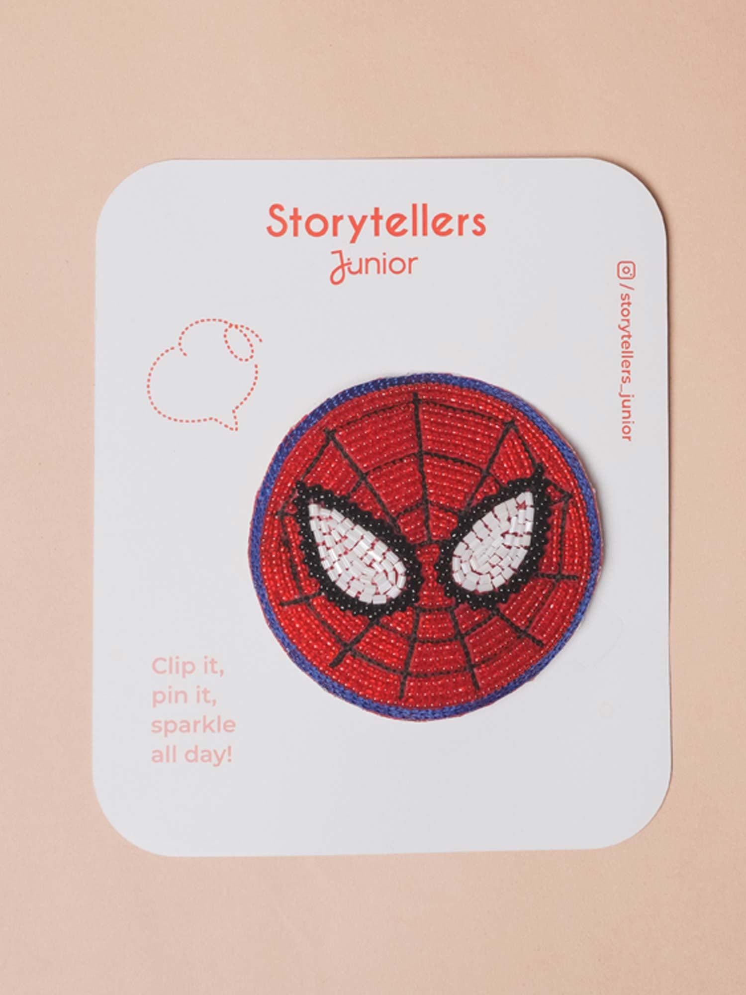 Handcrafted red Spiderman beaded brooch for boys Ñ StorytellersJunior Accessories