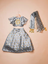 Chandni grey organza girls lehenga choli set with golden gota patti work and matching dupatta on a pink background.