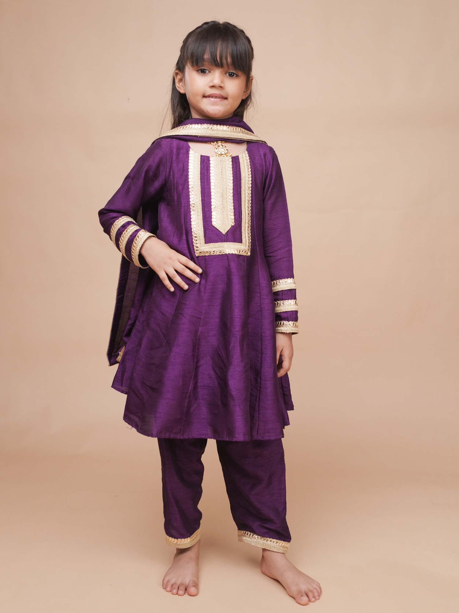 Jamuni Anarkali purple silk girls set with golden lace and dupatta Ñ StorytellersJunior Gota Patti