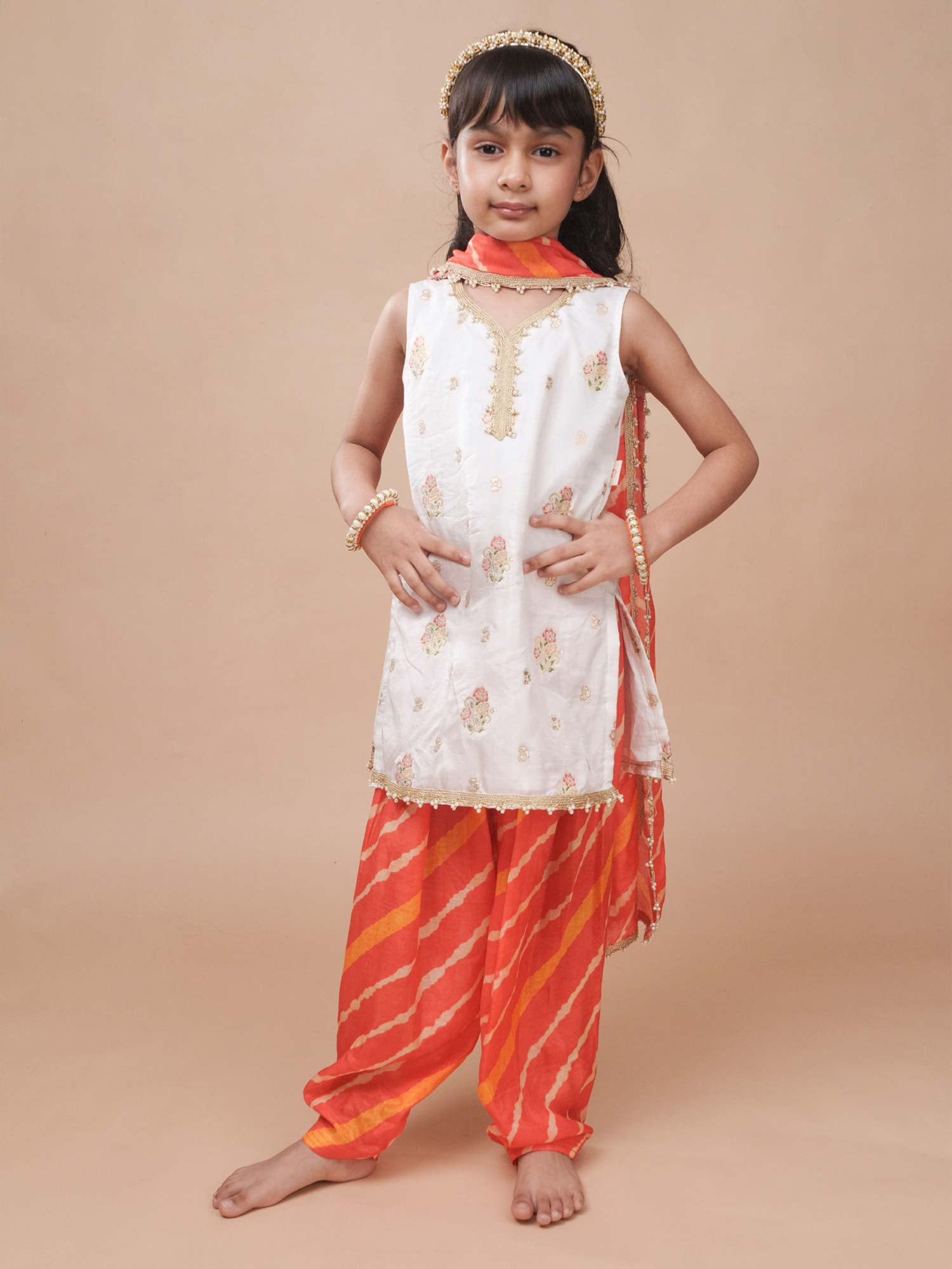 Red Orange Leheriya Banarasi kurta Patiala salwar set for girls Ñ StorytellersJunior Gota Patti