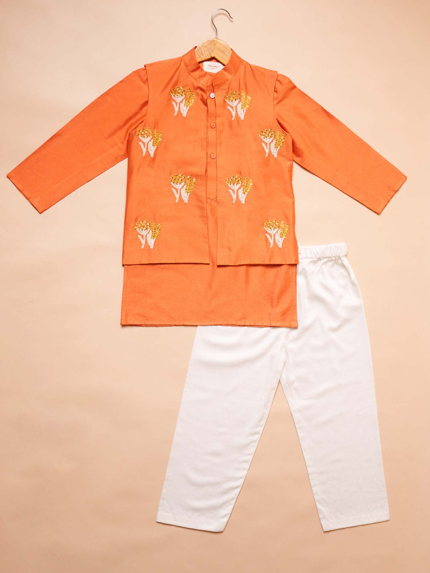 Kesari Weave orange boys jacket kurta set with golden sequin embroidery Ñ StorytellersJunior Whirlwind Weaves