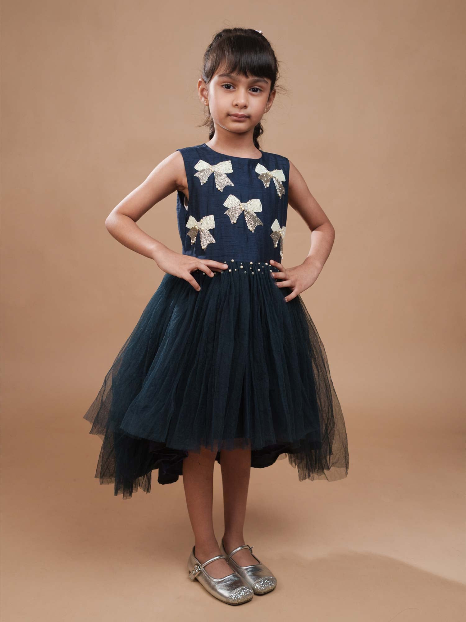 Navy Blue Tulle Dress with Embellished bows