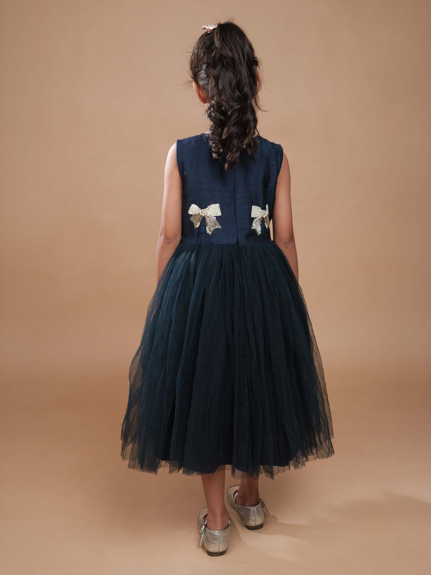 Navy Blue Tulle Dress with Embellished bows