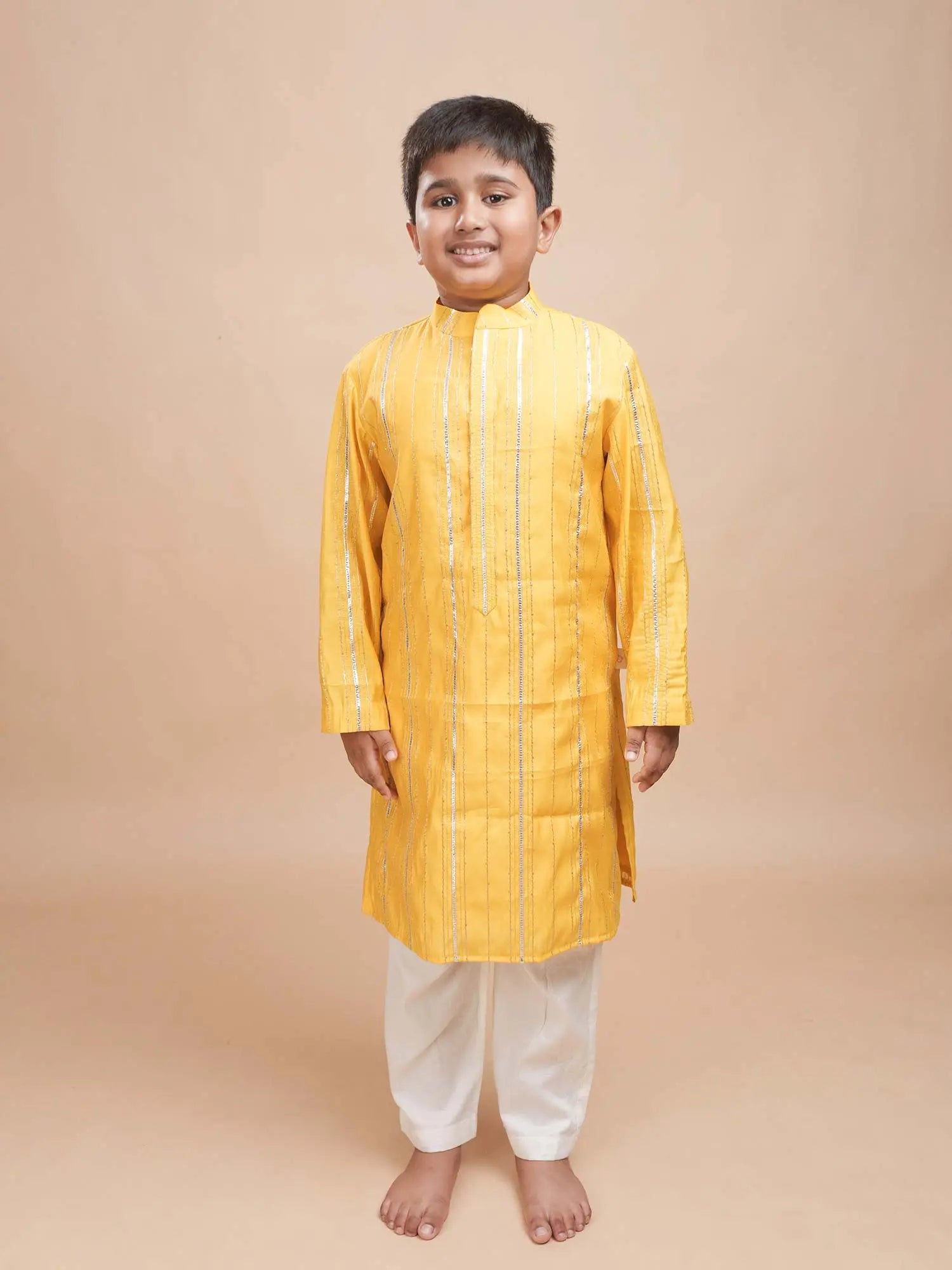 Haldi Gota Glow yellow boys kurta set with gota embroidery for weddings Ñ StorytellersJunior Gota Patti
