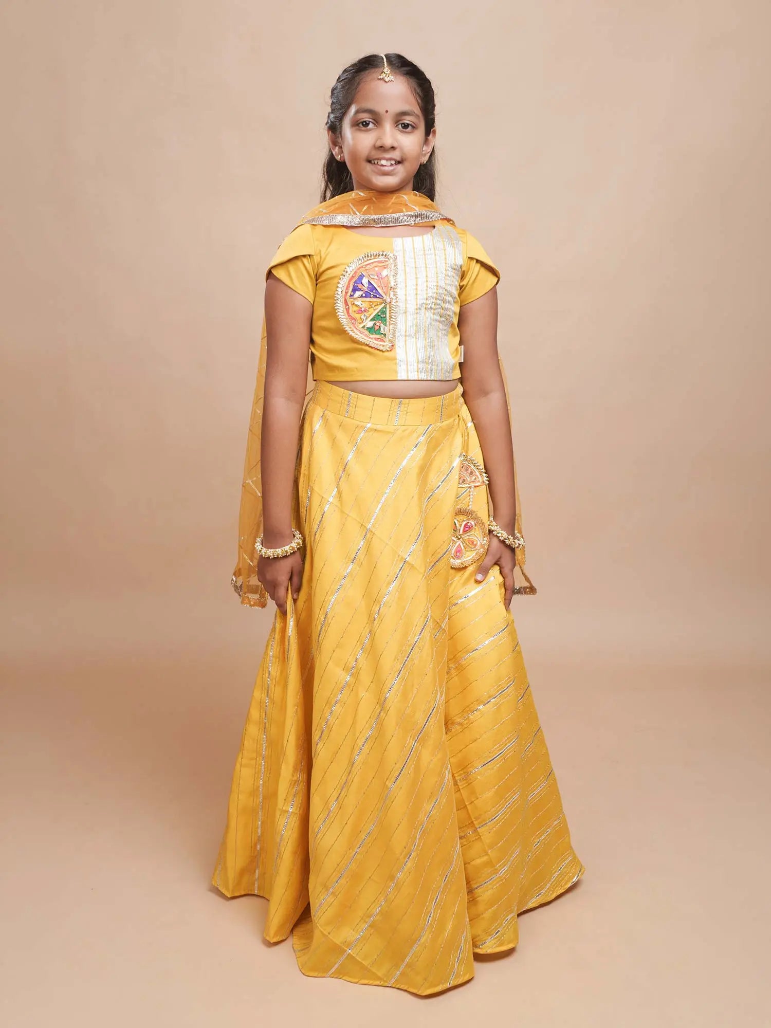 Haldi Gota Glow yellow lehenga set with silver stripes and net dupatta for girls Ñ StorytellersJunior Gota Patti