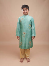 Hara Gul Charm mint green embroidered boys kurta set with gold silver sequins Ñ StorytellersJunior Whirlwind Weaves