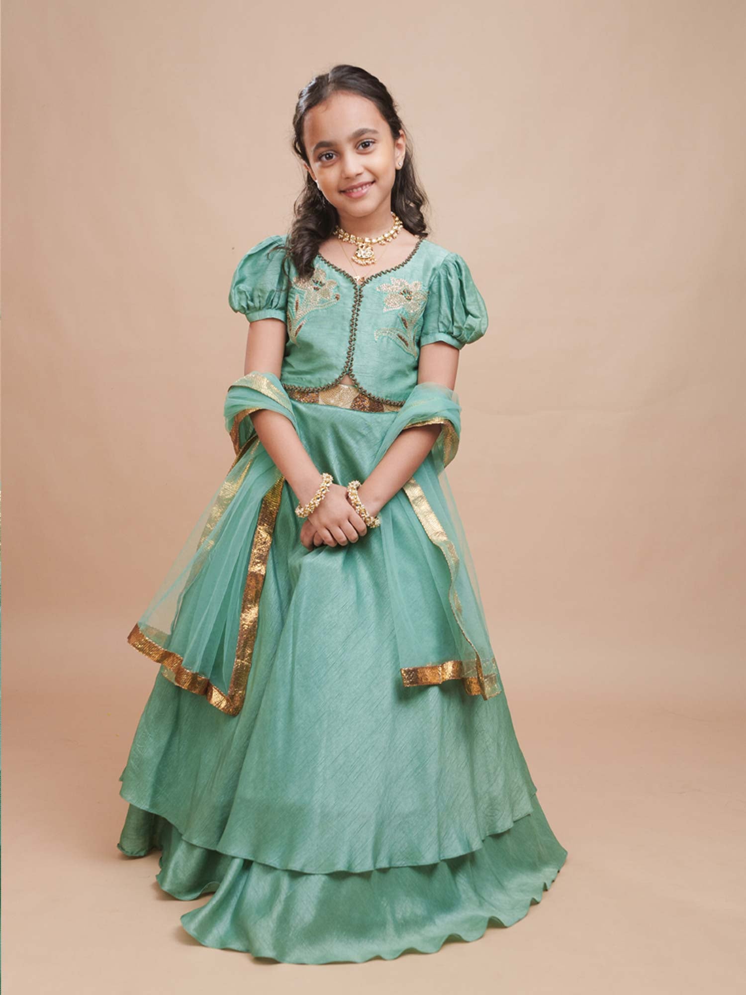 Hara Gul mint green embroidered girls lehenga set with beige net dupatta Ñ StorytellersJunior Whirlwind Weaves
