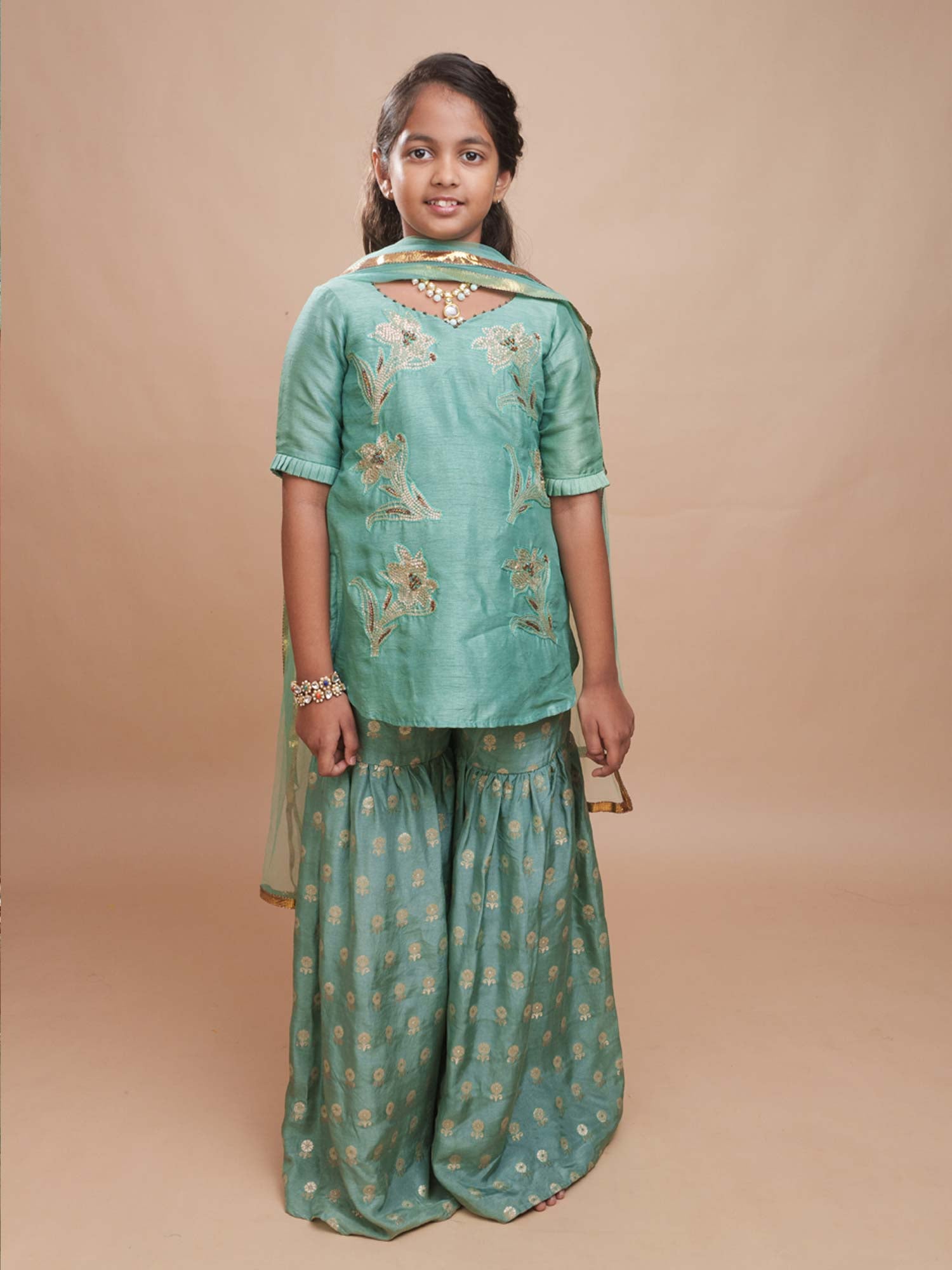 Hara Gul mint green embroidered girls sharara set with Banarasi sharara Ñ StorytellersJunior Whirlwind Weaves
