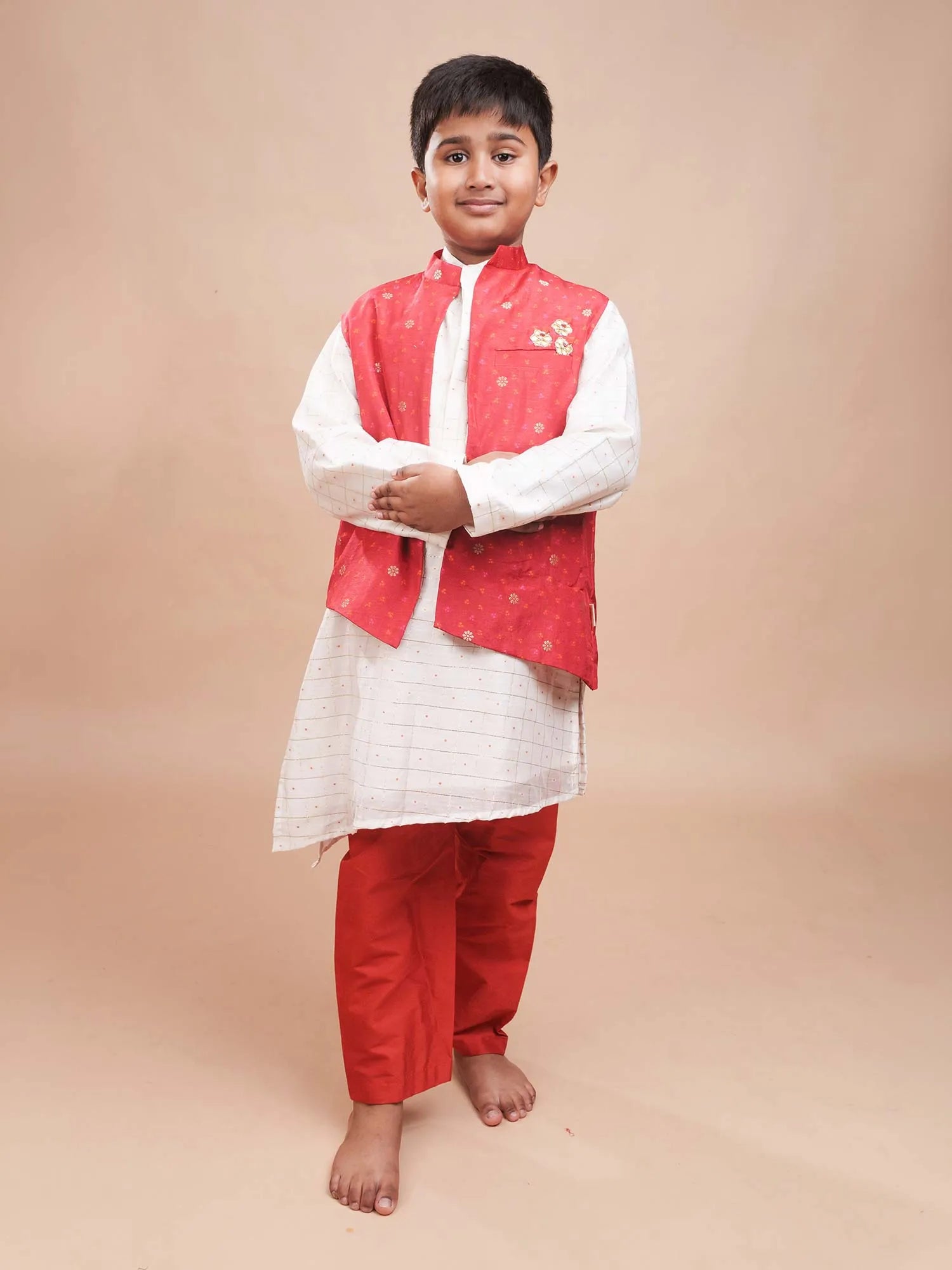 Rajkumar white gold kurta with red Banarasi jacket set for boys Ñ StorytellersJunior Gota Patti