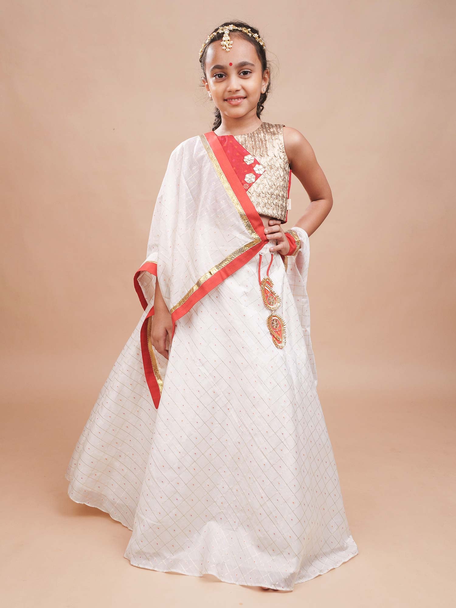 Rajkumari white zari check lehenga set with red silk blouse for girls Ñ StorytellersJunior Gota Patti