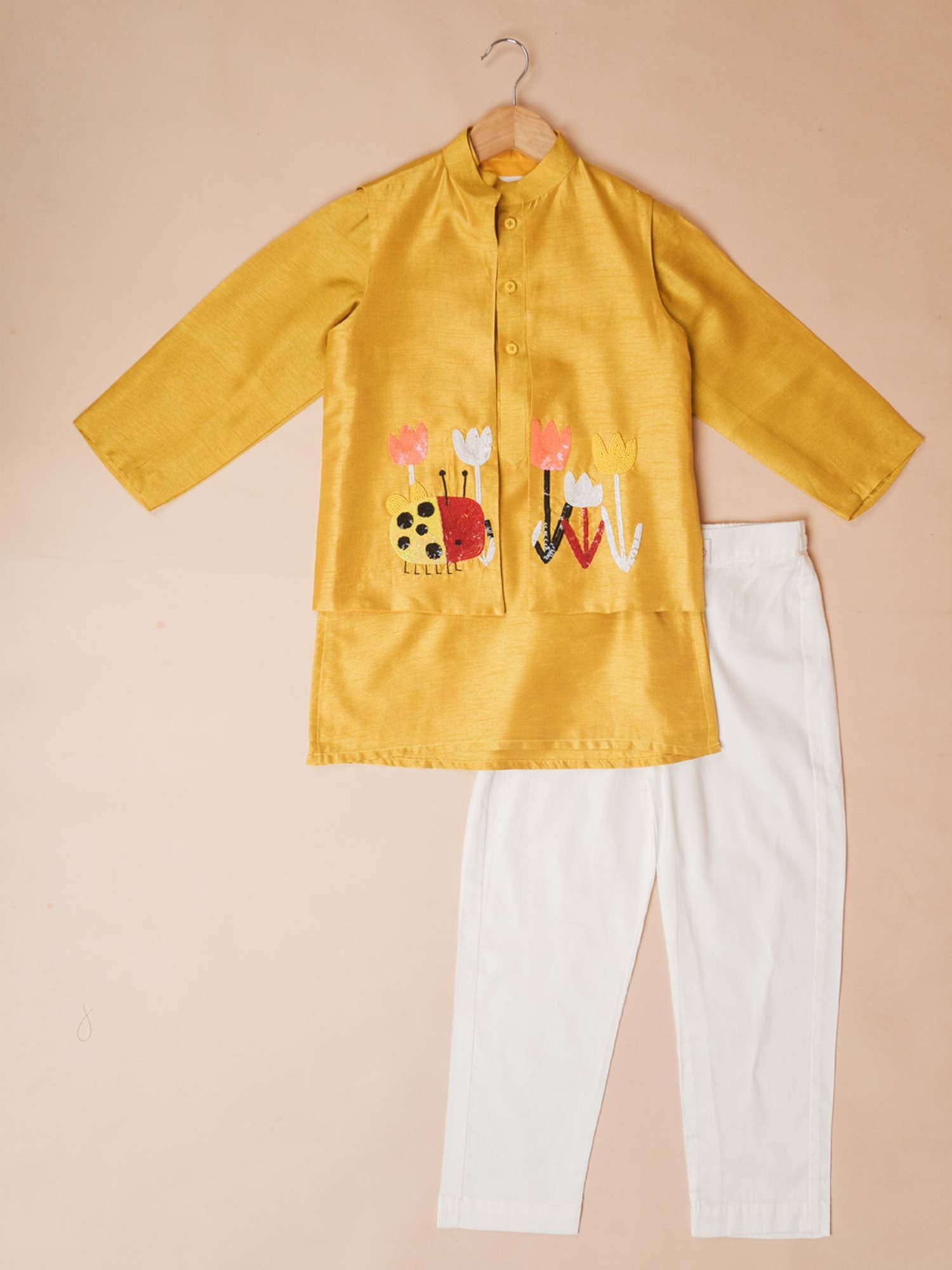 Ladybug Garden mustard yellow boys jacket kurta set with tulip ladybug embroidery — StorytellersJunior Jungle Crew