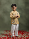 Boy wearing Storytellers Junior Aarav Golden Bloom Jacket Set with handcrafted floral vine jacket