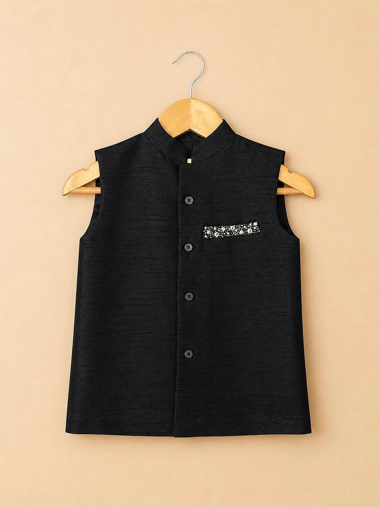 Boy wearing Storytellers Junior Dev Black Nehru Jacket with Mandarin collar