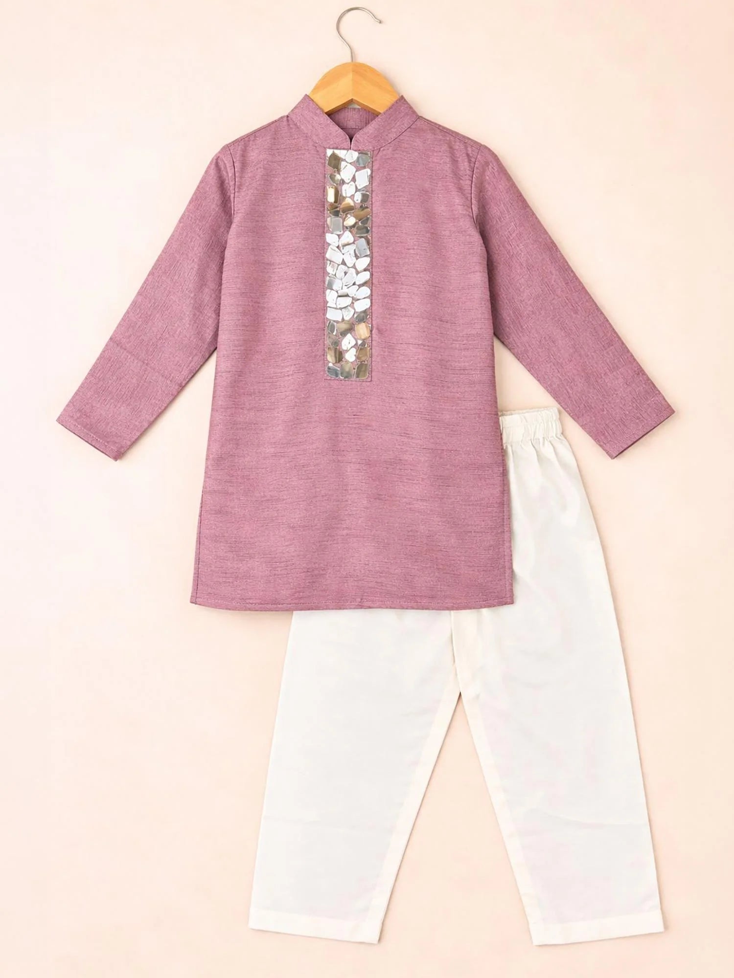 Boy wearing Storytellers Junior Samar Mauve Mirror Kurta Set in dusty pink with mirror embellishment