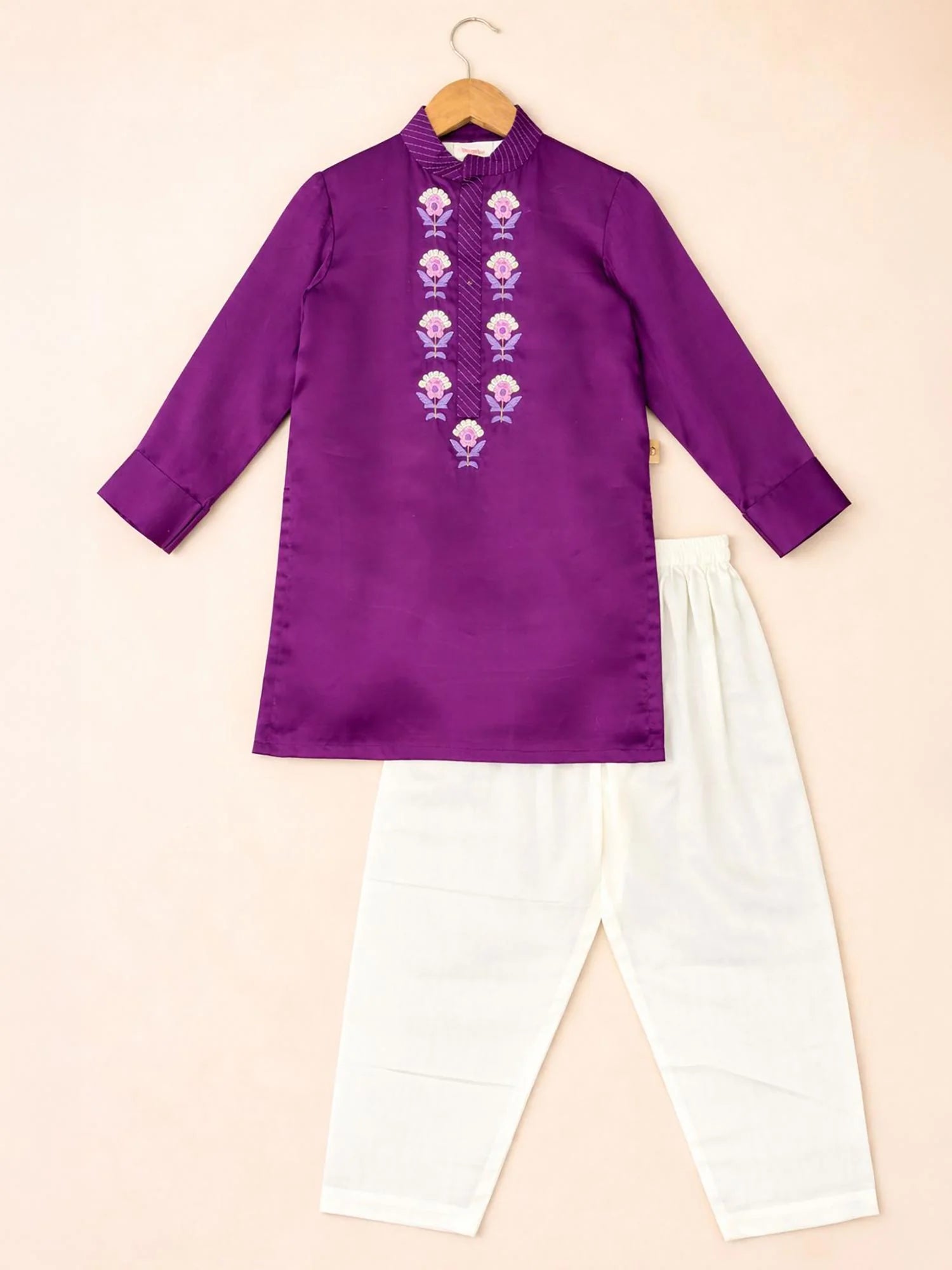 Boy wearing Storytellers Junior Dev Purple Embroidered Kurta Set with white pants